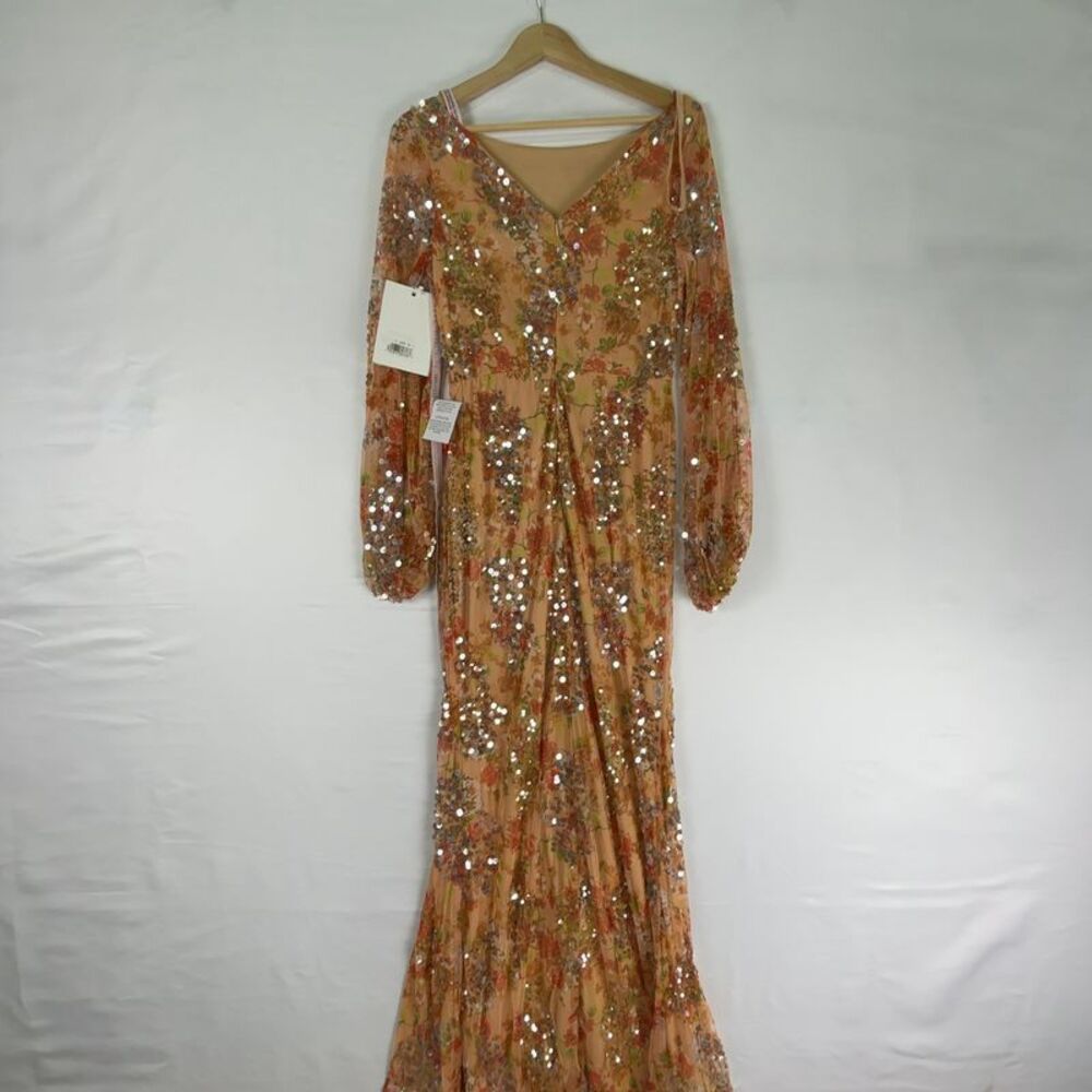 Mac Duggal Floral Print Sequined Puff Sleeve Gown - Picture 2 of 4